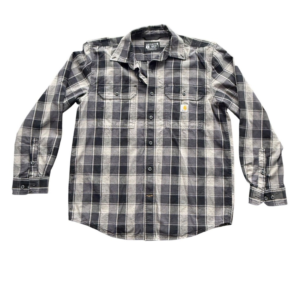 Carhartt Men's Medium Relaxed Fit Plaid Long Sleeve Button Up Shirt Gray Black